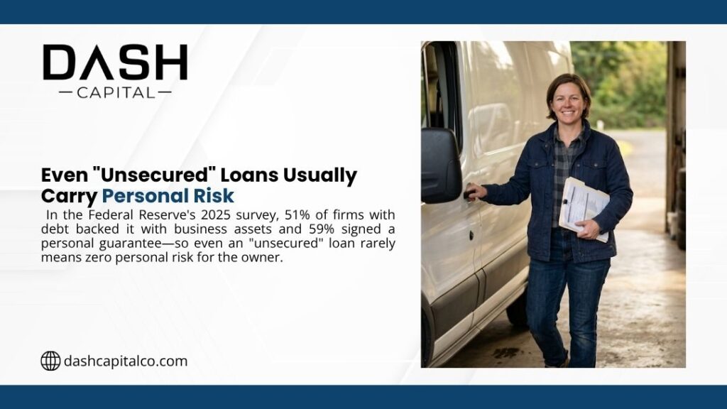 Smiling woman with clipboard standing by white van, with headline "Even 'Unsecured' Loans Usually Carry Personal Risk" by DASH Capital.