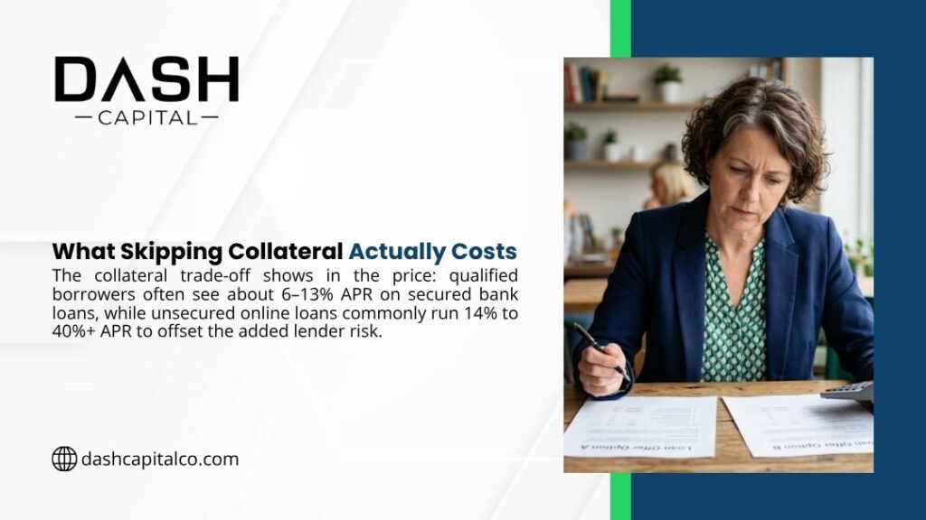 Woman in blazer reviewing loan documents at desk with pen, with headline "What Skipping Collateral Actually Costs" by DASH Capital.