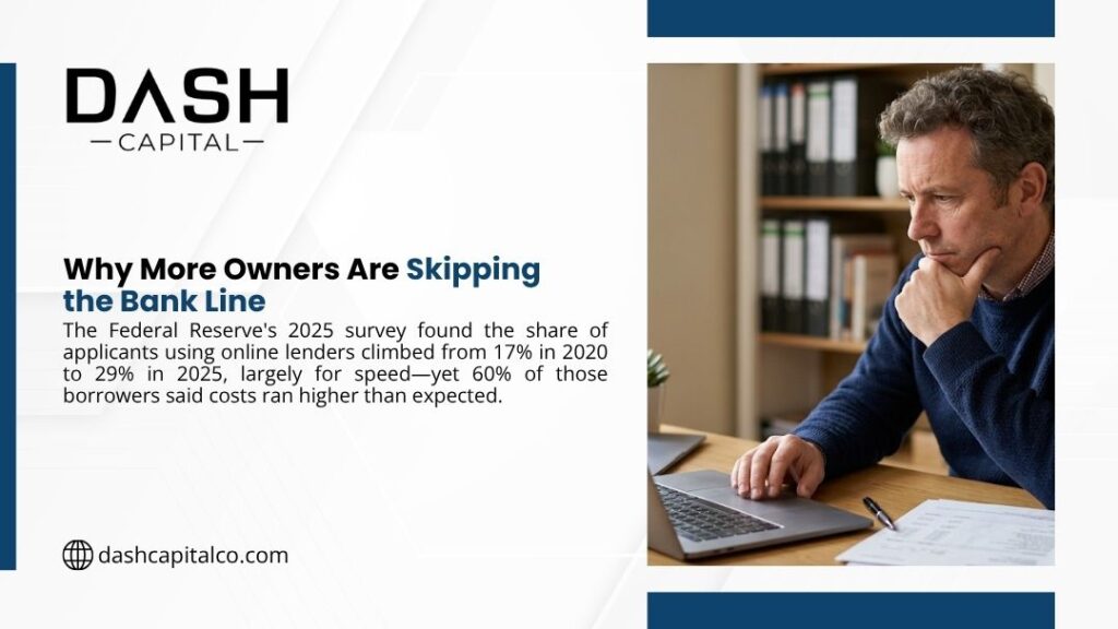 Man at desk thoughtfully using laptop, with headline "Why More Owners Are Skipping the Bank Line" by DASH Capital.