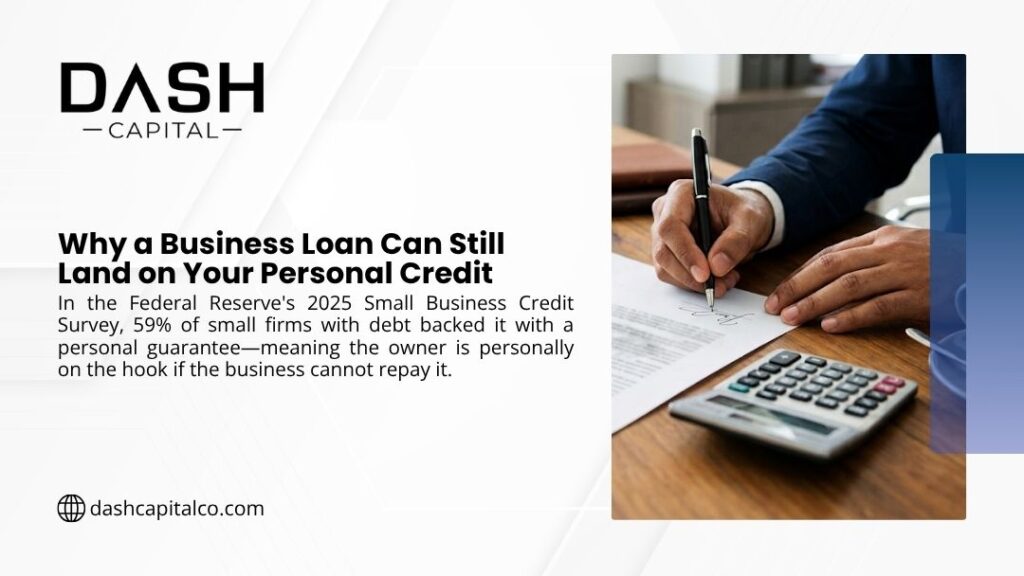 Person in suit signing business loan document at desk with calculator, with headline "Why a Business Loan Can Still Land on Your Personal Credit" by DASH Capital.