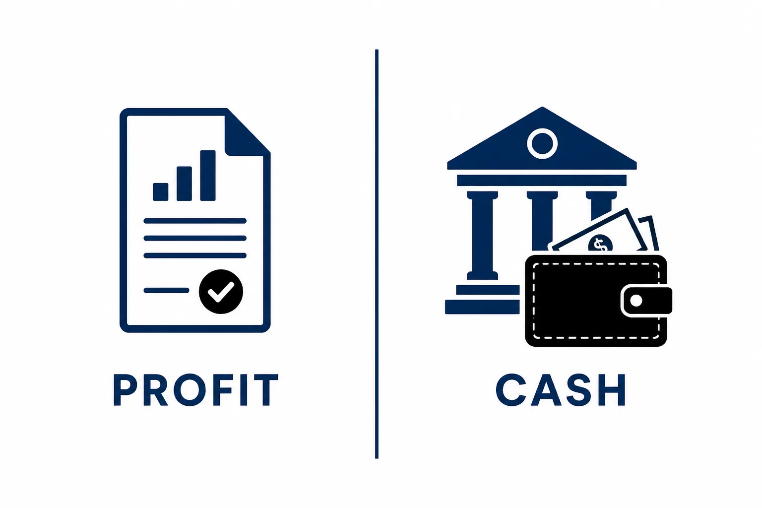 Comparison showing the difference between profit on paper and cash in the bank
